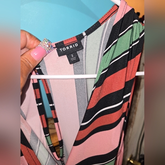 ⚘️⚘️Torrid Studio Knit Surplice Romper Sz 3x Colorful Stripe Tie Keyhole Back - Picture 5 of 6